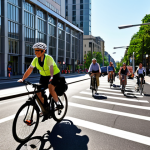 **Image Prompt:** A bustling city street during rush hour, but with a twist. In the foreground, a clear, well-maintained bike lane with cyclists of diverse ages and backgrounds easily navigating the traffic. Solar panels are subtly integrated into the architecture of nearby buildings. In the background, electric vehicles are charging at public stations, powered by wind turbines visible on the horizon. The overall tone is optimistic and forward-looking, showcasing a seamless integration of active and clean transportation options in a modern urban environment.