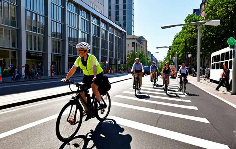 **Image Prompt:** A bustling city street during rush hour, but with a twist. In the foreground, a clear, well-maintained bike lane with cyclists of diverse ages and backgrounds easily navigating the traffic. Solar panels are subtly integrated into the architecture of nearby buildings. In the background, electric vehicles are charging at public stations, powered by wind turbines visible on the horizon. The overall tone is optimistic and forward-looking, showcasing a seamless integration of active and clean transportation options in a modern urban environment.