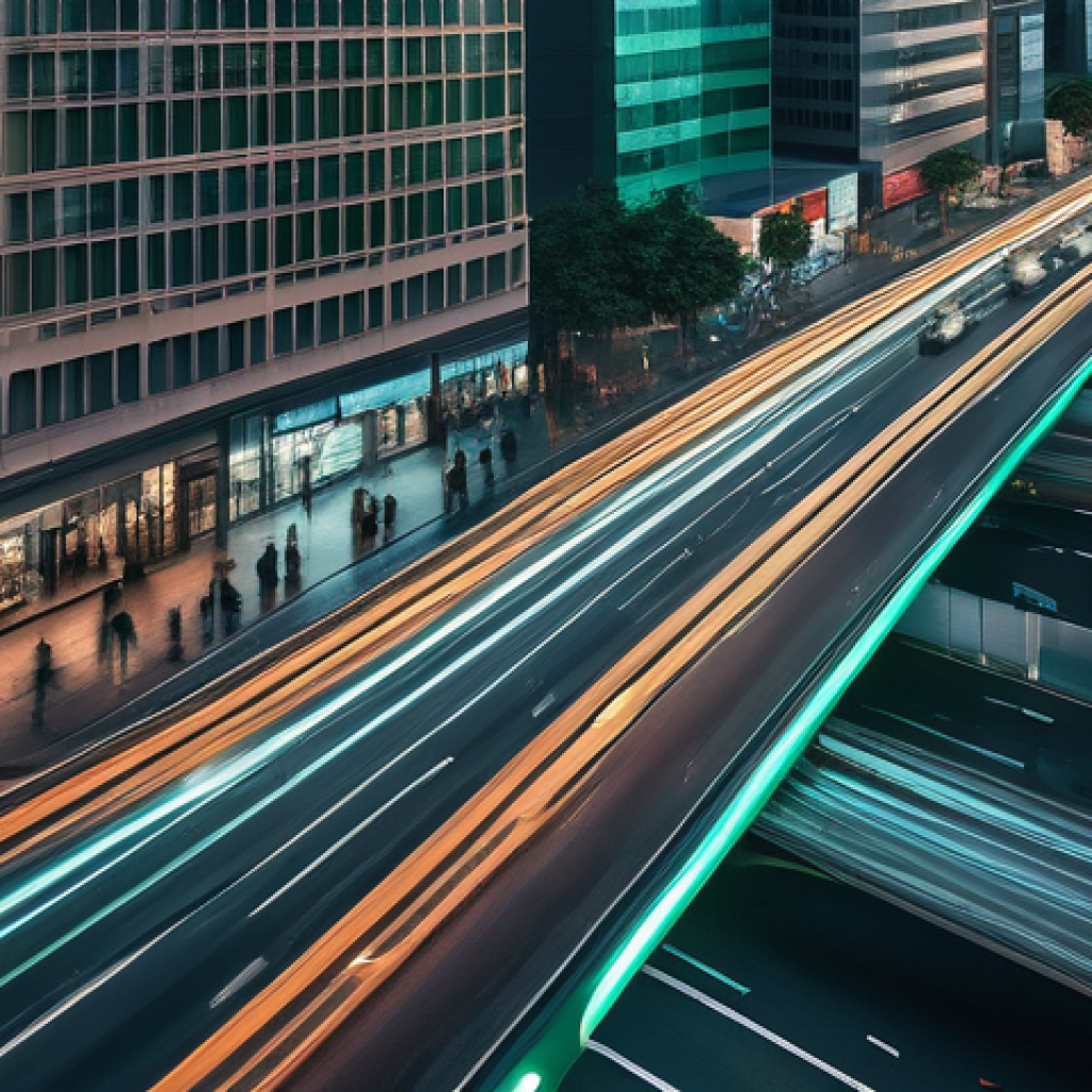 모빌리티 분야의 인공지능 활용 사례 - **Prompt: Smart Urban Traffic Flow**
"An aerial, slightly angled view of a bustling, modern city...