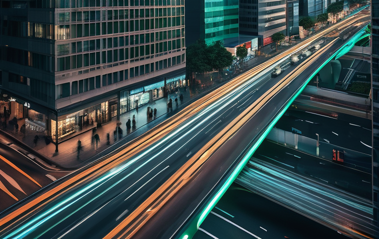 모빌리티 분야의 인공지능 활용 사례 - **Prompt: Smart Urban Traffic Flow**
    "An aerial, slightly angled view of a bustling, modern city...
