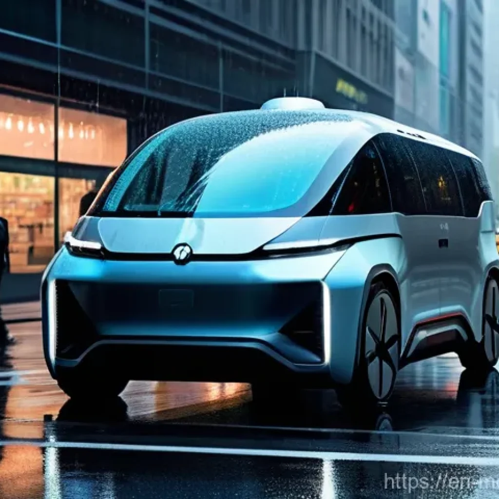 자율주행차의 기술적 한계와 발전 방향 - **Prompt:** A futuristic, sleek autonomous shuttle navigates a bustling city street during a moderat...