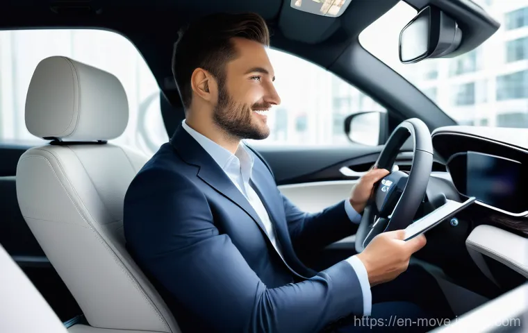 모빌리티의 안전성과 신뢰성 분석 - **Prompt 1: The Trusting Passenger in an Autonomous Vehicle**
An eye-level shot inside a sleek, ...