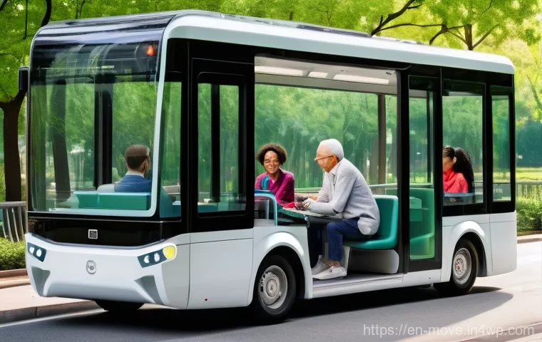 모빌리티 기술의 사회적 수용성 - **Prompt: "An autonomous electric shuttle glides silently through a bustling, modern city park on a ...