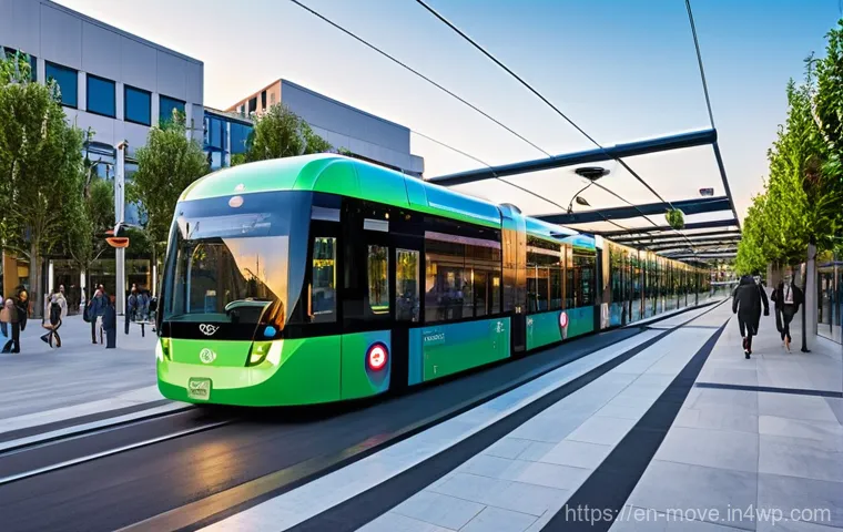 모빌리티와 탄소 중립 목표 달성 - **Prompt:** A vibrant, futuristic urban mobility hub at dusk. People of diverse backgrounds are seam...