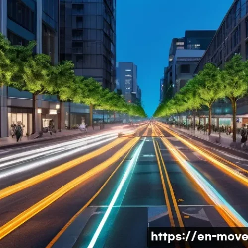 AI와 미래 모빌리티의 역할 - A bustling modern city intersection at dusk featuring adaptive traffic signals with glowing, dynamic...