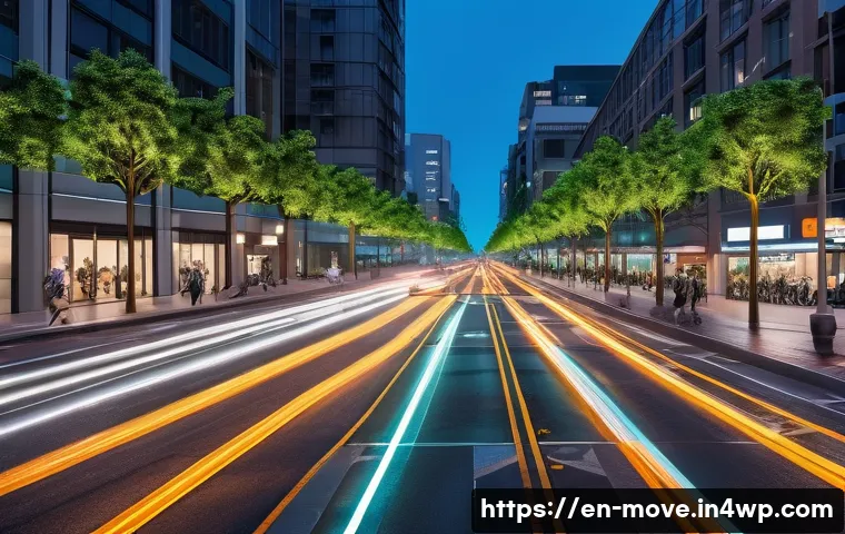 AI와 미래 모빌리티의 역할 - A bustling modern city intersection at dusk featuring adaptive traffic signals with glowing, dynamic...