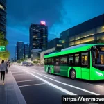 모빌리티와 사회적 책임 - A futuristic urban street scene at dusk featuring a diverse group of people commuting with green tec...