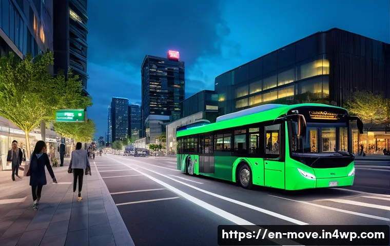 모빌리티와 사회적 책임 - A futuristic urban street scene at dusk featuring a diverse group of people commuting with green tec...