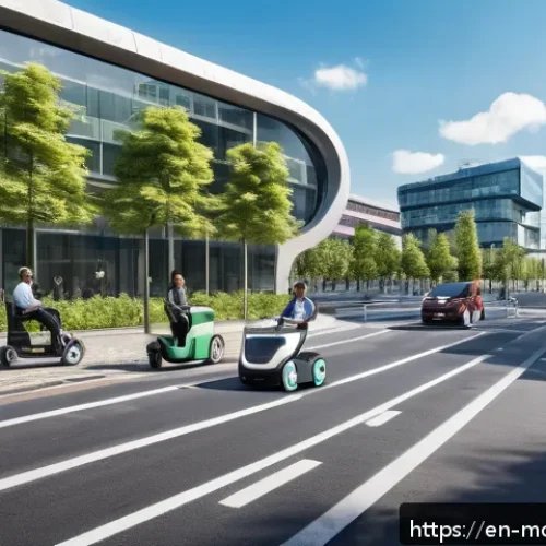미래 모빌리티를 위한 정책과 규제 - A futuristic urban street scene featuring autonomous electric vehicles and smart traffic infrastruct...