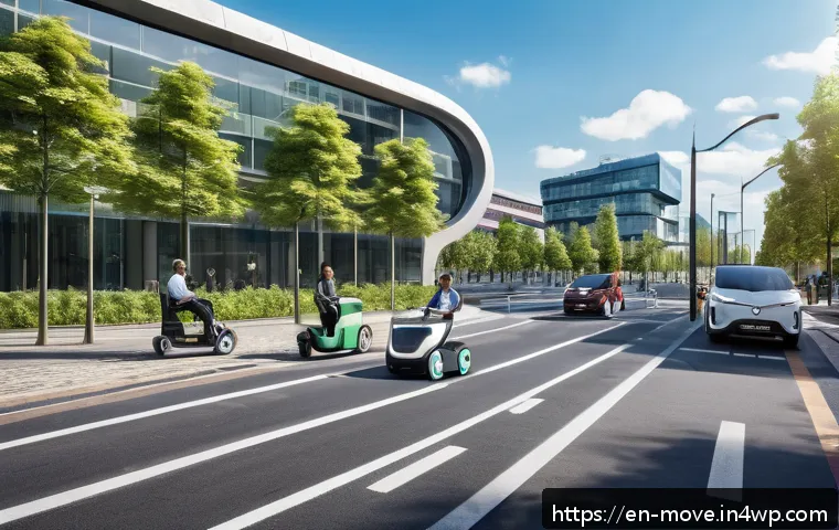 미래 모빌리티를 위한 정책과 규제 - A futuristic urban street scene featuring autonomous electric vehicles and smart traffic infrastruct...