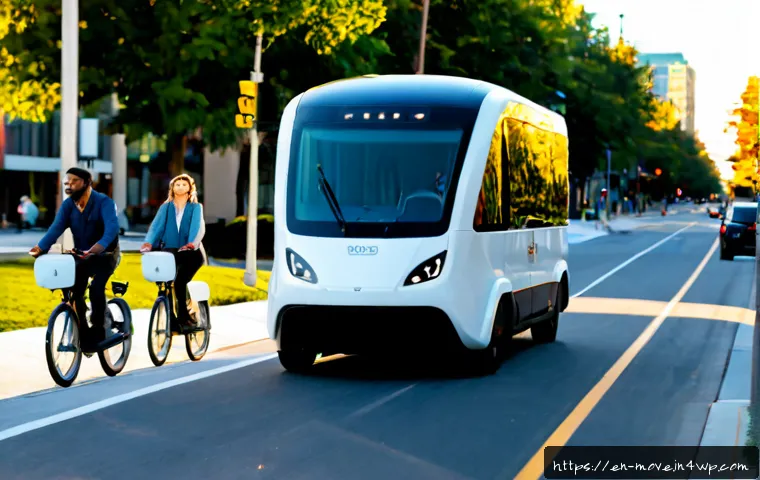 2030년까지의 모빌리티 변화 예측 - Photorealistic 2030 urban mobility scene in a clean North American downtown, autonomous electric shu...