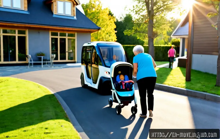 모빌리티 기술의 변화가 소비자에게 미치는 영향 - Photorealistic modern suburban street at golden hour, an electric autonomous shuttle smoothly arrivi...